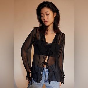 UO Misty Black Tie Front Blouse - Small